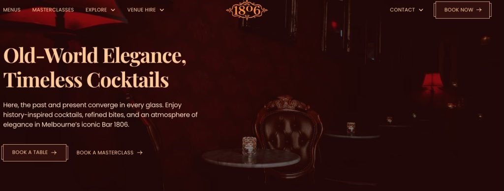 Classic cocktail lounge at Bar 1806 Melbourne with red velvet seating, dim lighting, and bartenders preparing drinks